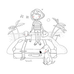 Happy Travel. Cute cartoon girl, dog and suitcases. Bon Voyage