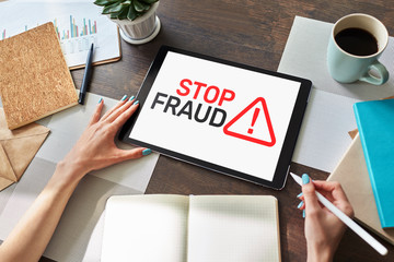 Stop Fraud banner on screen. Cybercrime and internet security concept.