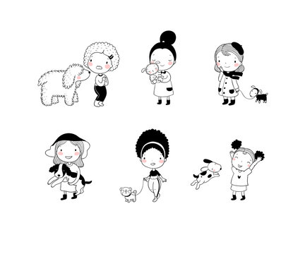 People with pets. Cute cartoon women with dogs. - Vector