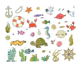 Grand ensemble de marine. Thème de la mer. Étoile de mer tortue de dessin animé mignon, poisson drôle, méduse et hippocampe, algues et une bouteille avec une note.