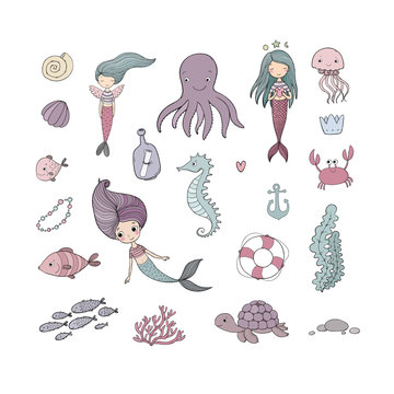 Marine illustrations set. Little cute cartoon mermaid