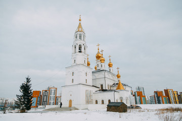 Architecture Of Russian churches. Winter landscape with a temple.