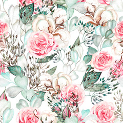 Beautiful watercolor wedding pattern with eucalyptus  and rose. 
