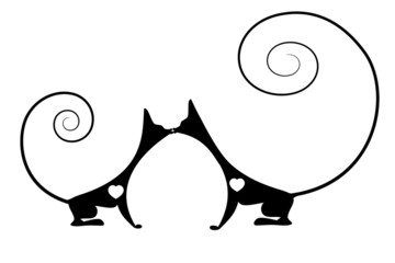 The silhouettes of two kissing cats  with beautiful tails