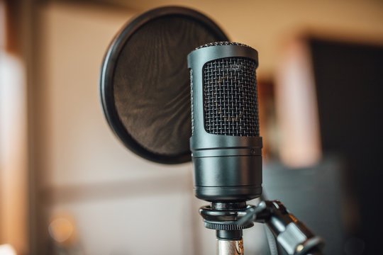 View on professional music studio microphone, modern sound recording studio