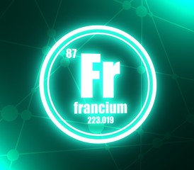 Francium chemical element. Sign with atomic number and atomic weight. Chemical element of periodic table. Molecule and communication background. Connected lines with dots. 3D rendering