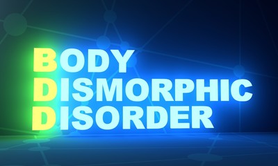 Acronym BDD - Body Dismorphic Disorder. Helthcare conceptual image. 3D rendering. Neon bulb illumination