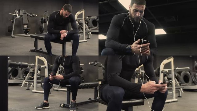 Collage of sporty young man with sport watch and smartphone. Multiscreen montage, split screen collage. Concept of sport