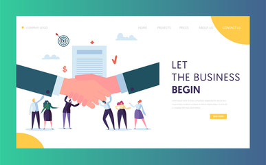Obraz na płótnie Canvas Commercial Business Cooperation Concept Landing Page. People Character Stand on Businessman Shaking Hand. Trust Partnership Symbol Website or Web Page. Success Deal Flat Cartoon Vector Illustration