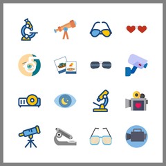 16 lens icon. Vector illustration lens set. telescope and video camera icons for lens works