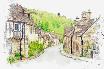 Fototapety  Szkic akwarelowy lub ilustracja przedstawiająca piękny widok tradycyjnych domów w małym miasteczku lub wiosce Castle Combe w Anglii