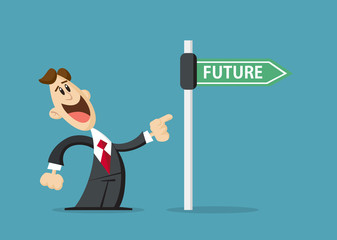 Happy Businessman is standing next to future road sign