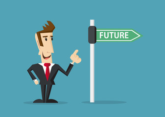 Happy Businessman is standing next to future road sign