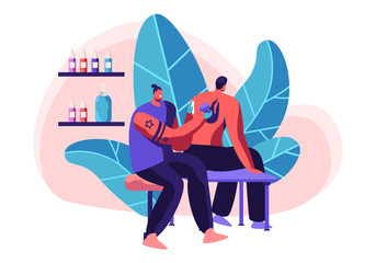 Tattoo Master Make Ink Picture to Man in Parlor