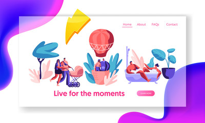 Happy Life Moments Landing Page. Man and Woman Take Bath with Bubble. Love Couple Fly Air Balloon in Sky. Walk Family with Baby Stroller. Website or Web Page. Flat Cartoon Vector Illustration