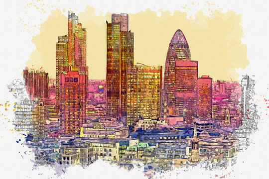 Watercolor sketch or illustration of a beautiful view of the Canary Wharf business district in London in the UK. Cityscape or urban skyline