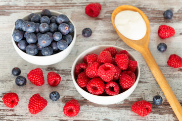 Forest fruit, raspberries and berries, delicious seasonal fruits