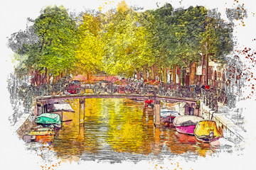 Fototapeta na wymiar Watercolor sketch or illustration of a beautiful view of the urban architecture with a bridge and bicycles on it and boats on the water in Amsterdam in the Netherlands