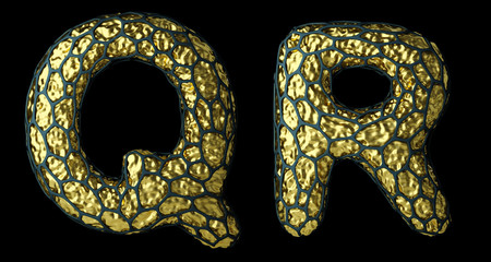 Realistic 3D letter set Q, R made of gold shining metal .