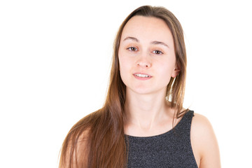 portrait of beautiful smiling and thoughtful girl on white