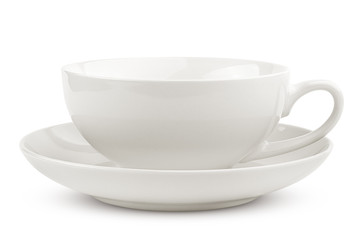 empty cup with plate, isolated on white background, clipping path, full depth of field