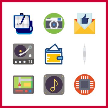 9 electronic icon. Vector illustration electronic set. photo camera and microchip icons for electronic works