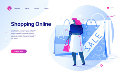 Shopping Online on Website or Mobile Application. Sale, consumerism and people concept. Landing page template. Young woman shopping online with a smartphone.
