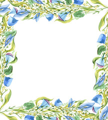 floral watercolor frame in cool shades on a white background