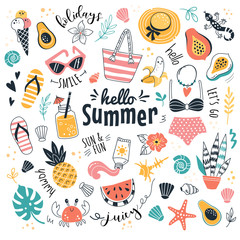 Hello Summer collection. Vector illustration of funny cartoon summer icons, such as fruits, exotic animals and plants, swimwear and food in doodle style. Isolated on white.