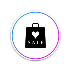 Shopping bag shop love like heart symbol with an inscription sale icon isolated on white background. Circle white button. Vector Illustration
