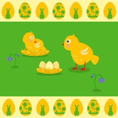 Vector illustration in flat style. Glade's nest and yellow chicks