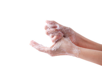 Washing hands isolated on a white background, close up