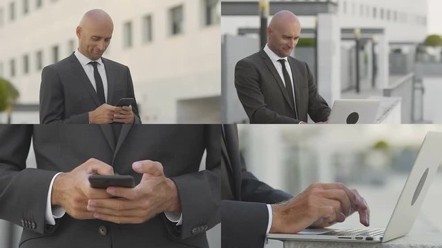 Confident mature businessman working with digital devices. Multiscreen montage, split screen collage. Young hairless man wearing formal suit using smartphone and laptop. Technology concept