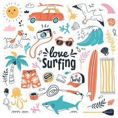 Love surfing collection. Vector illustration in cartoon doodle style of summer icons, including animals, plants and surfing equipment: surfboard, fins, leash and clothes elements. Isolated on white. © nadzeya26