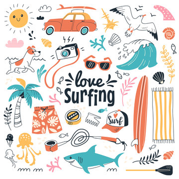 Love surfing collection. Vector illustration in cartoon doodle style of summer icons, including animals, plants and surfing equipment: surfboard, fins, leash and clothes elements. Isolated on white.