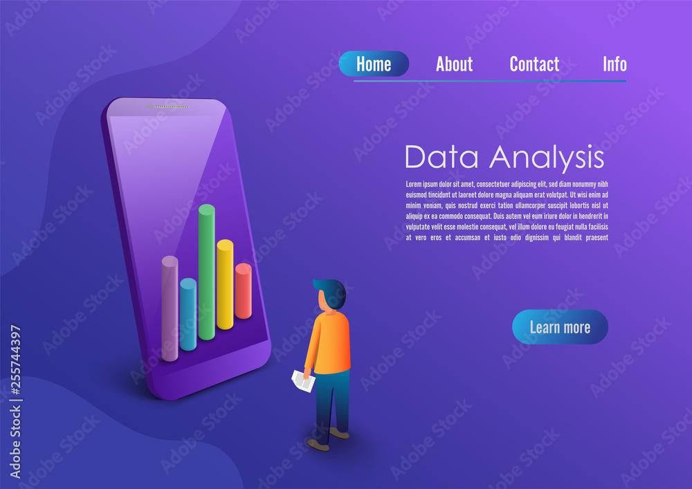Poster application of smartphone with business graph and analytics data on isometric mobile phone. analysis