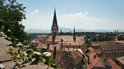 Panoramic view of old town with a church, sunny day, Ljubljana, Slovenia