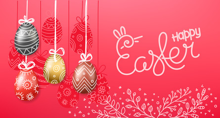 Easter greeting card. Easter eggs 3d and in doodle style. Orizontal vector banner