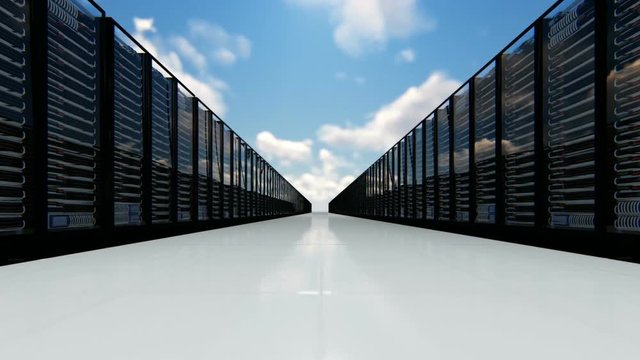 Servers against timelapse clouds, zoom in, cloud sharing concept