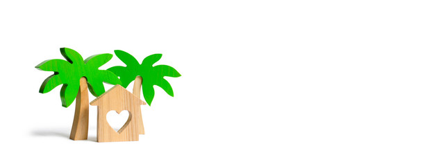 Wooden palm tree and house with hearts on an isolated background. Entertainment and relaxation. Rental homes and properties in the resort. Romantic travel. Conceptual leisure and vacation. Banner