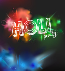 Holi holiday party invitation layout. Color powder explosion on dark background