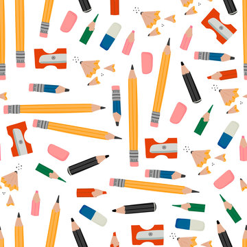 Various pencils, eraser, sharpener and pencil shavings. Hand drawn vector illustration in trendy style. Colorful seamless pattern