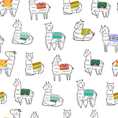 Graphic sketchy llamas in various poses with colorful carpets on back. Hand drawn trendy vector seamless pattern