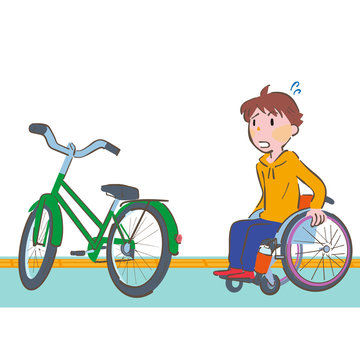 車椅子の男性が歩道に置かれている自転車が障害になって進めず困っているイラスト