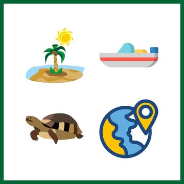 4 Ocean Icon. Vector Illustration Ocean Set. Turtle And Boat Icons For Ocean Works