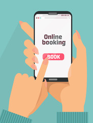 Woman's Hand holding smartphone with book button on screen.Concept of online booking mobile application for renting accommodations. Plan a trip. Devices technology.Flat cartoon vector illustration