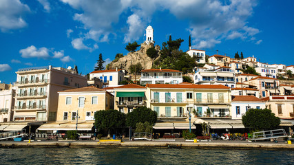 View of Poros from the sea Marina, Greece.