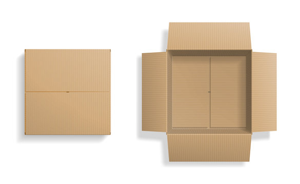 Realistic cardboard box set, opened and closed top view