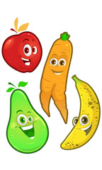 set of cute vegetables and fruits with funny faces on white background.
