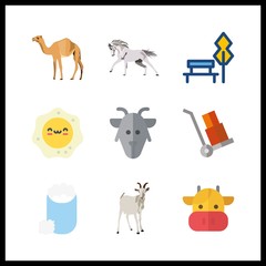 9 farm icon. Vector illustration farm set. wheelbarrow and horse icons for farm works